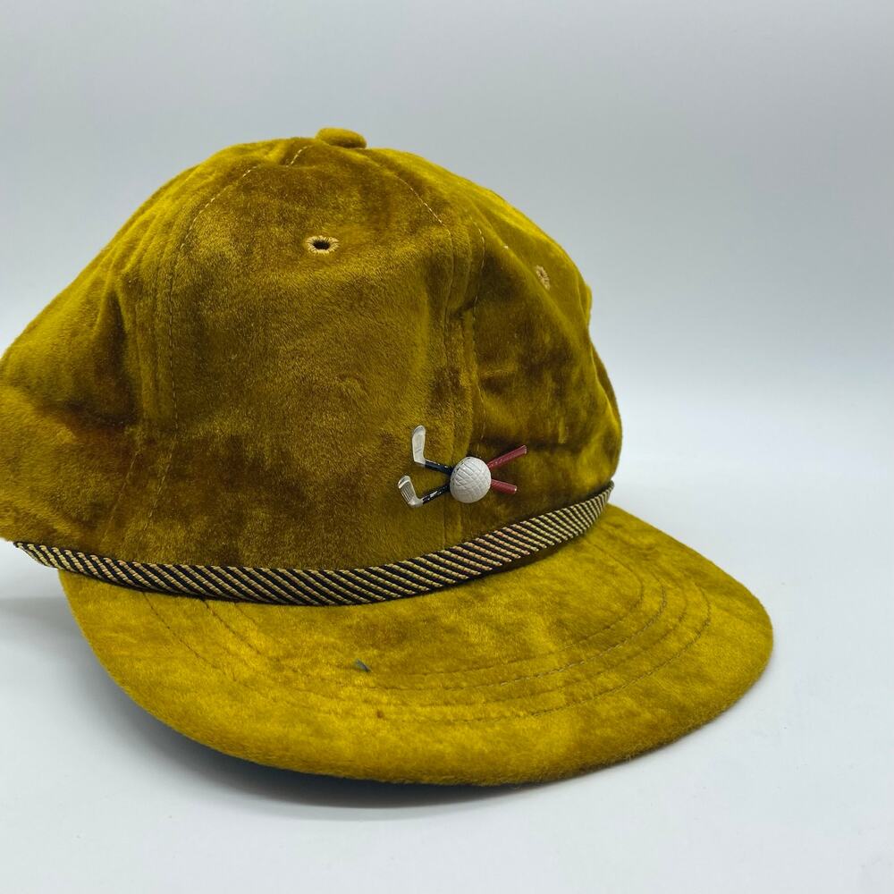 Vintage 90s Gold Brown Velour Golfing Snapback Hat Cap Velvet Retro Streetwear